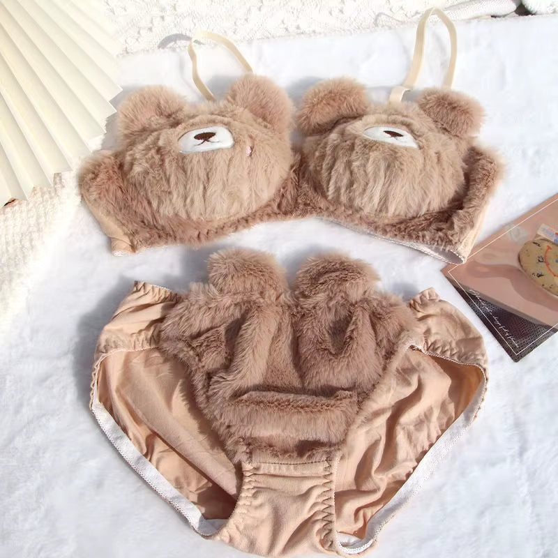Soft and Cute Bear Japanese-Style Lingerie for Women, Autumn and Winter Cartoon Plush Comfortable and Adorable Girl Bra