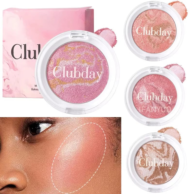 Pearly Blush Marble Pattern Face Baked Brighten Blush Highlight Long-Lasting Natural Highgloss High Pigment Contour Face Makeup