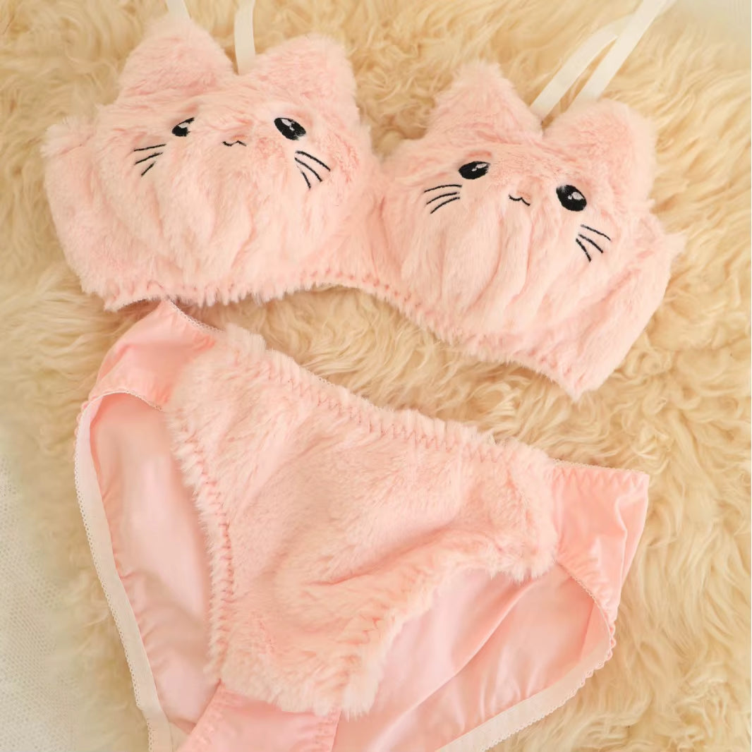 Winter Lingerie for Women Japanese Lolita Students Undies Plush Sexy Bras Wireless Cartoon Bear Cat Bra Set Soft Girlfriend Gift