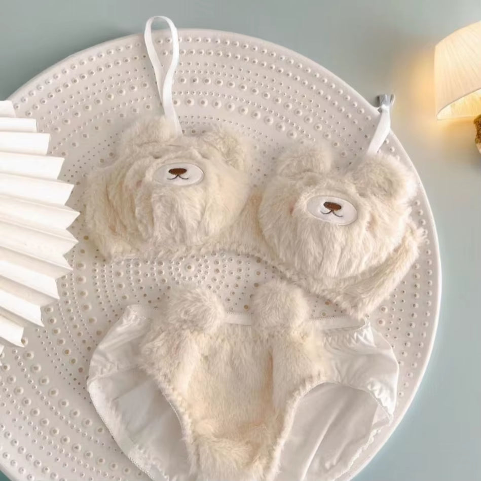 Winter Lingerie for Women Japanese Lolita Students Undies Plush Sexy Bras Wireless Cartoon Bear Cat Bra Set Soft Girlfriend Gift