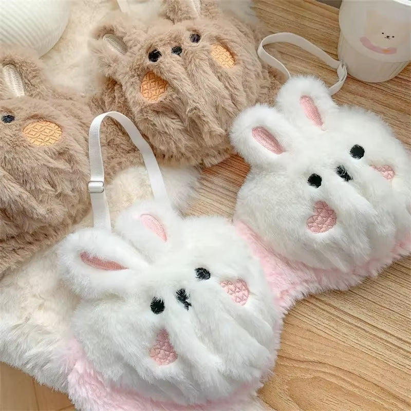 Little Rabbit for Warmth, Soft Bear Plush Underwear for Women in Winter, Lolita Small Chest Gathering Bra