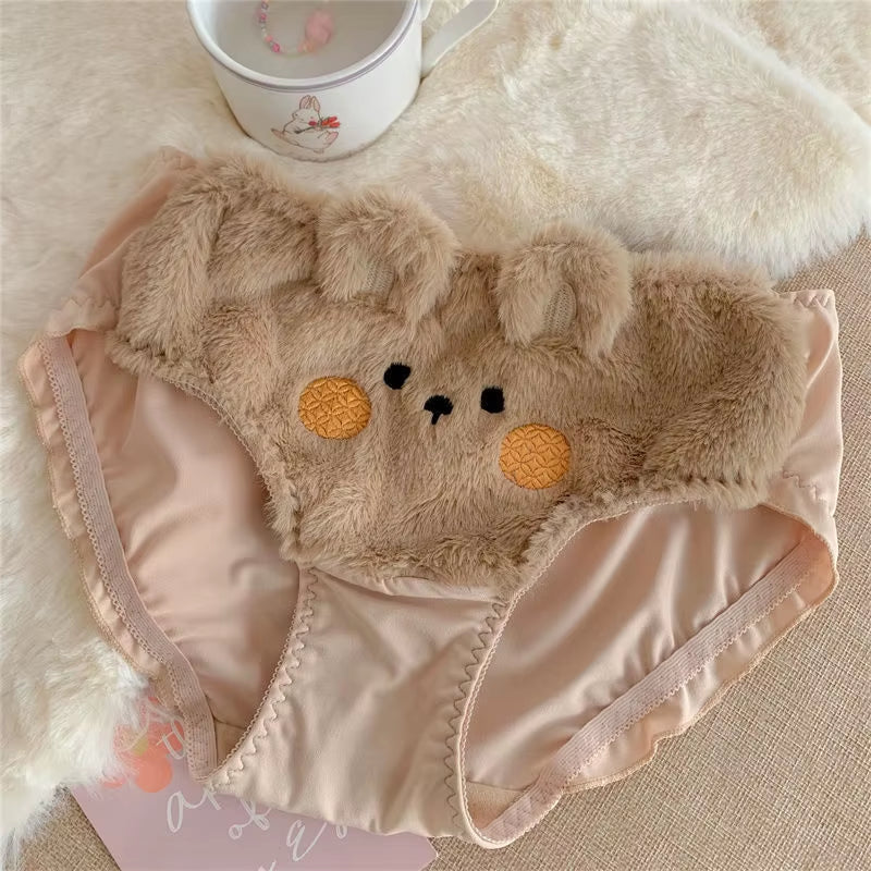 Little Rabbit for Warmth, Soft Bear Plush Underwear for Women in Winter, Lolita Small Chest Gathering Bra
