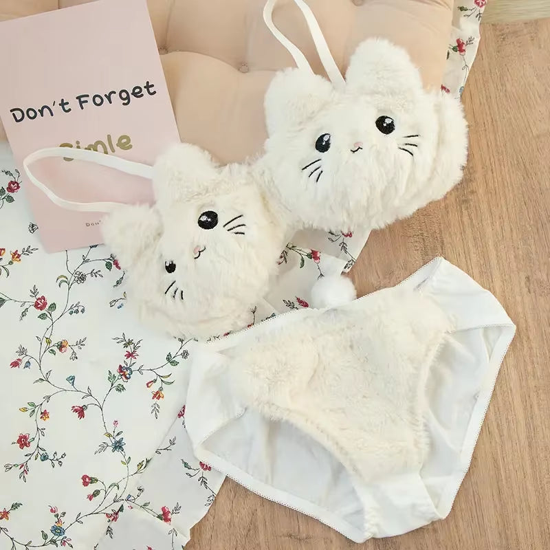 Winter Lingerie for Women Japanese Lolita Students Undies Plush Sexy Bras Wireless Cartoon Bear Cat Bra Set Soft Girlfriend Gift