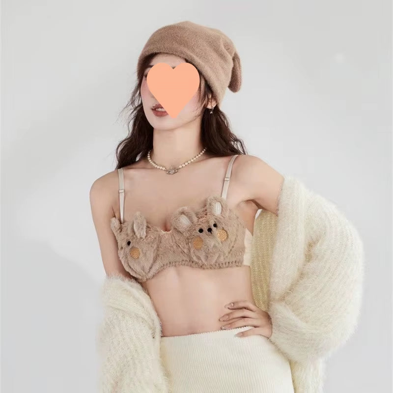 Little Rabbit for Warmth, Soft Bear Plush Underwear for Women in Winter, Lolita Small Chest Gathering Bra
