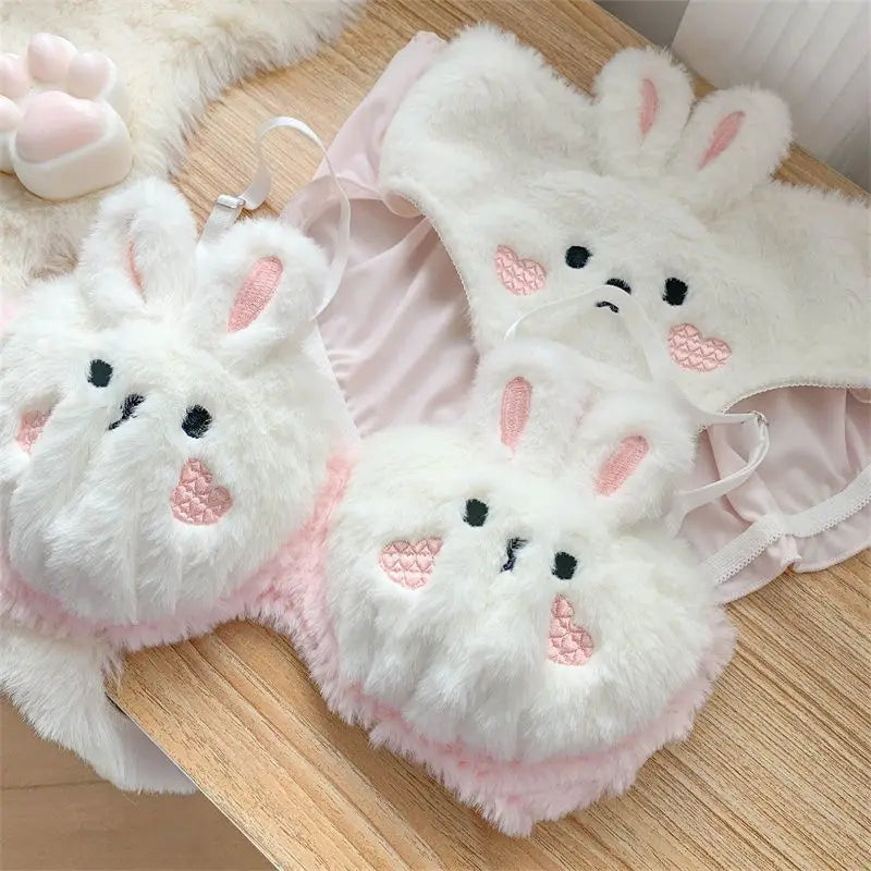 Little Rabbit for Warmth, Soft Bear Plush Underwear for Women in Winter, Lolita Small Chest Gathering Bra