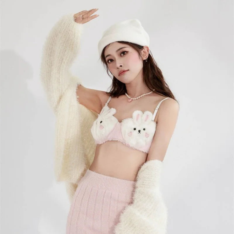 Little Rabbit for Warmth, Soft Bear Plush Underwear for Women in Winter, Lolita Small Chest Gathering Bra