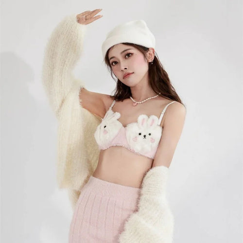 Little Rabbit for Warmth, Soft Bear Plush Underwear for Women in Winter, Lolita Small Chest Gathering Bra