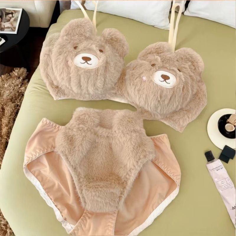 Winter Lingerie for Women Japanese Lolita Students Undies Plush Sexy Bras Wireless Cartoon Bear Cat Bra Set Soft Girlfriend Gift