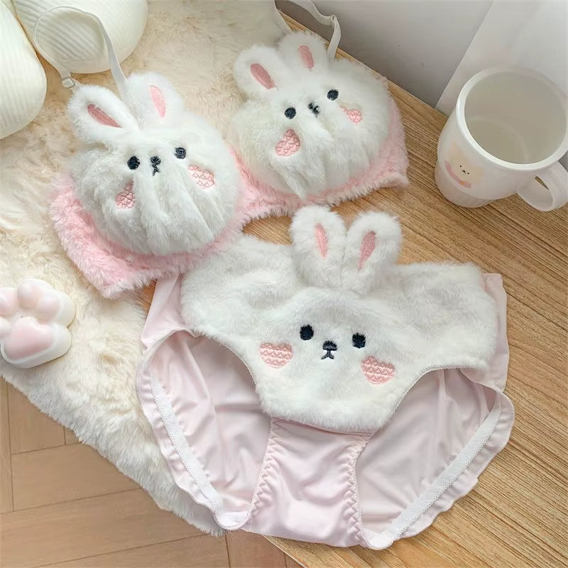 Little Rabbit for Warmth, Soft Bear Plush Underwear for Women in Winter, Lolita Small Chest Gathering Bra