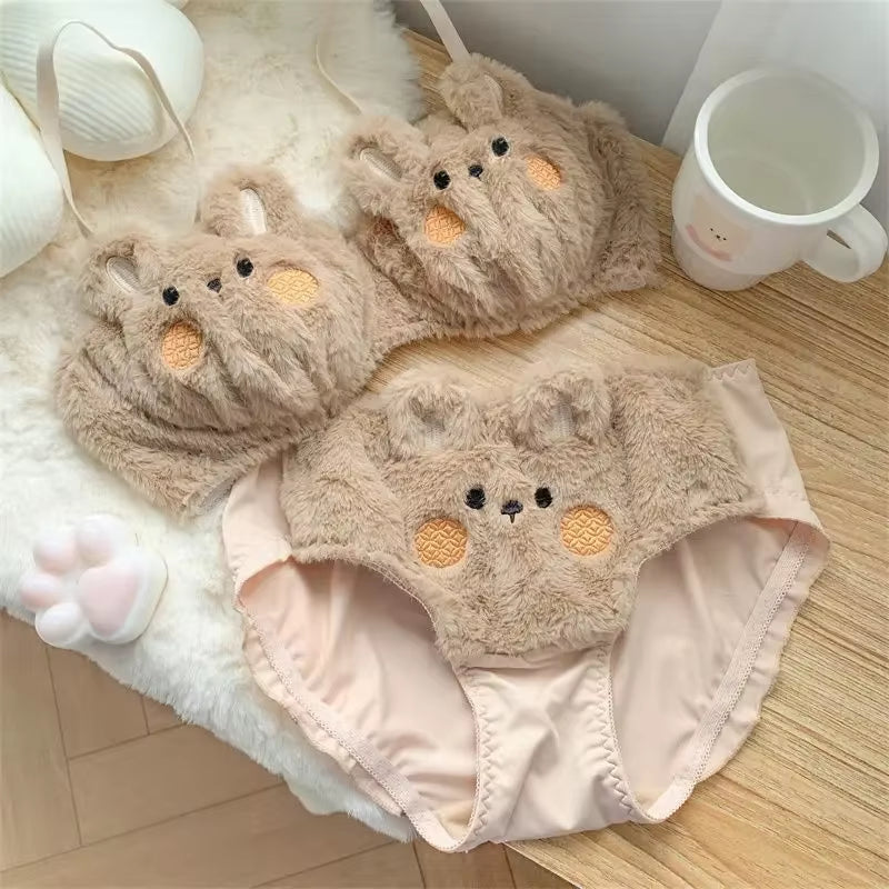 Little Rabbit for Warmth, Soft Bear Plush Underwear for Women in Winter, Lolita Small Chest Gathering Bra